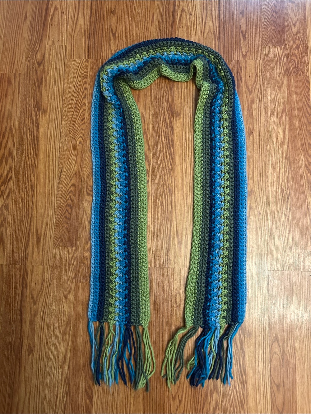 New York & Company Blue and Green Striped Crochet Scarf with Fringe
